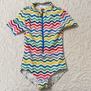 Mini Boden Multicolor Wavy Stripe Zip-Up Swimsuit Size 6/7